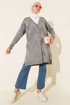 Zigzag Desenli Düğmeli Merserize Hırka Gri - Yılın Fırsatı