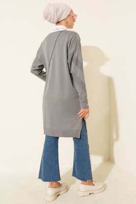 Zigzag Desenli Düğmeli Merserize Hırka Gri - Yılın Fırsatı