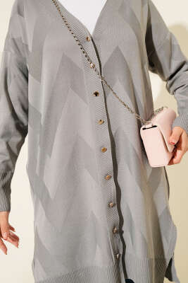 Zigzag Desenli Düğmeli Merserize Hırka Gri - Yılın Fırsatı