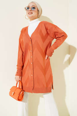 Zigzag Desenli Düğmeli Merserize Hırka Hardal - NOVALÜX