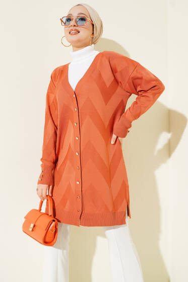 Zigzag Desenli Düğmeli Merserize Hırka Hardal - Hırka