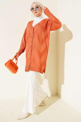 Zigzag Desenli Düğmeli Merserize Hırka Hardal - Hırka