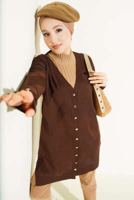 Zigzag Desenli Düğmeli Merserize Hırka Kahve - NOVALÜX