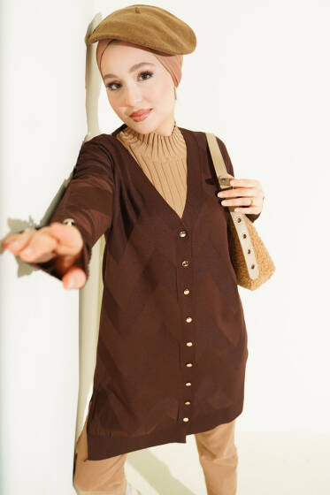 Zigzag Desenli Düğmeli Merserize Hırka Kahve - Hırka