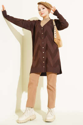 Zigzag Desenli Düğmeli Merserize Hırka Kahve - Hırka