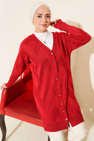 Zigzag Desenli Düğmeli Merserize Hırka Kırmızı - Hırka