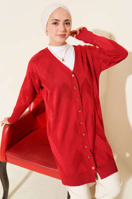 Zigzag Desenli Düğmeli Merserize Hırka Kırmızı 