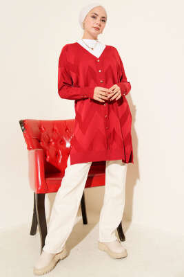 Zigzag Desenli Düğmeli Merserize Hırka Kırmızı - Yılın Fırsatı