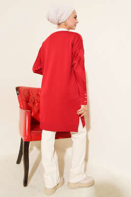 Zigzag Desenli Düğmeli Merserize Hırka Kırmızı - Yılın Fırsatı