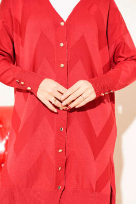 Zigzag Desenli Düğmeli Merserize Hırka Kırmızı - Yılın Fırsatı