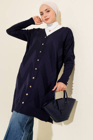 Zigzag Desenli Düğmeli Merserize Hırka Lacivert - Hırka