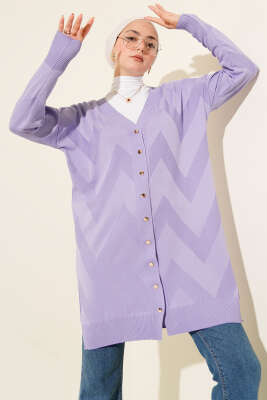 Zigzag Desenli Düğmeli Merserize Hırka Lila