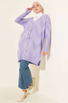 Zigzag Desenli Düğmeli Merserize Hırka Lila - Yılın Fırsatı