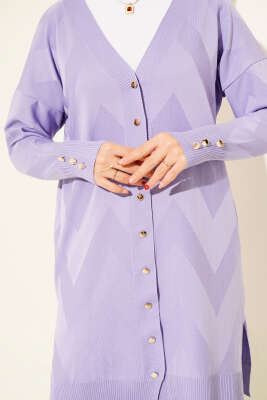 Zigzag Desenli Düğmeli Merserize Hırka Lila - Yılın Fırsatı