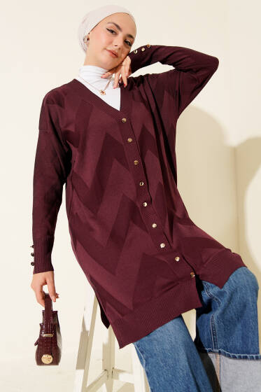 Zigzag Desenli Düğmeli Merserize Hırka Mürdüm - Hırka