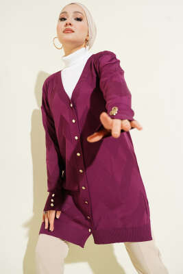 Zigzag Desenli Düğmeli Merserize Hırka Mürdüm - NOVALÜX