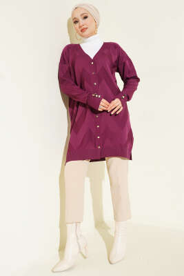 Zigzag Desenli Düğmeli Merserize Hırka Mürdüm - Yılın Fırsatı