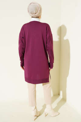 Zigzag Desenli Düğmeli Merserize Hırka Mürdüm - Yılın Fırsatı