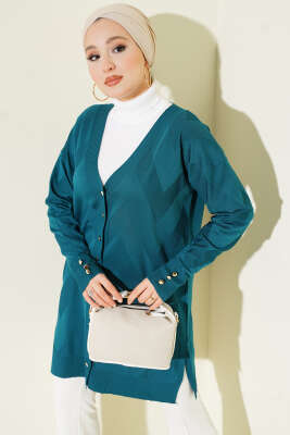 Zigzag Desenli Düğmeli Merserize Hırka Petrol - NOVALÜX