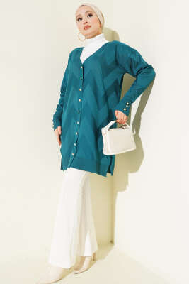 Zigzag Desenli Düğmeli Merserize Hırka Petrol - Hırka