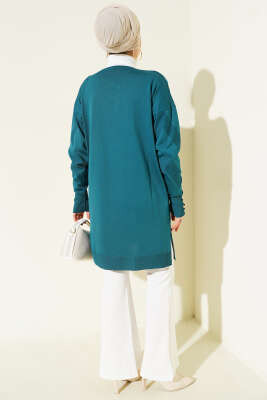 Zigzag Desenli Düğmeli Merserize Hırka Petrol - Hırka