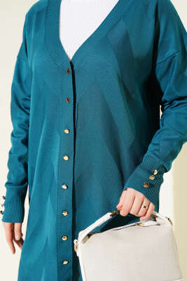 Zigzag Desenli Düğmeli Merserize Hırka Petrol - Hırka