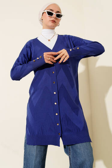 Zigzag Desenli Düğmeli Merserize Hırka Saks - Hırka