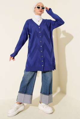 Zigzag Desenli Düğmeli Merserize Hırka Saks - Yılın Fırsatı