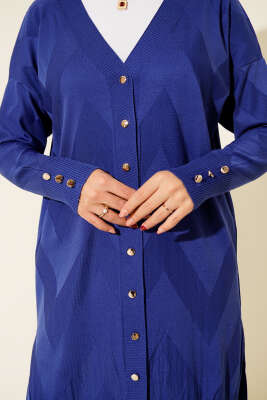 Zigzag Desenli Düğmeli Merserize Hırka Saks - Yılın Fırsatı