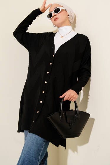 Zigzag Desenli Düğmeli Merserize Hırka Siyah - Hırka