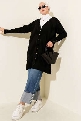 Zigzag Desenli Düğmeli Merserize Hırka Siyah - Yılın Fırsatı