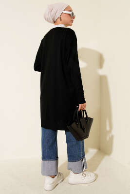 Zigzag Desenli Düğmeli Merserize Hırka Siyah - Yılın Fırsatı