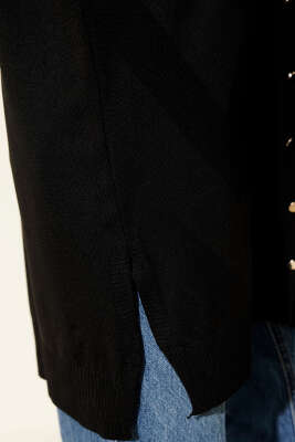 Zigzag Desenli Düğmeli Merserize Hırka Siyah - Yılın Fırsatı