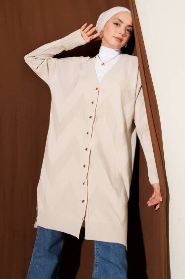 Zigzag Desenli Düğmeli Merserize Hırka Taş - Hırka