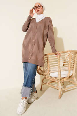 Zigzag Desenli Düğmeli Merserize Hırka Vizon - Yılın Fırsatı