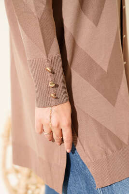 Zigzag Desenli Düğmeli Merserize Hırka Vizon - Yılın Fırsatı