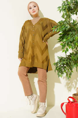 Zigzag Desenli Düğmeli Merserize Hırka Yağ Yeşili - Hırka