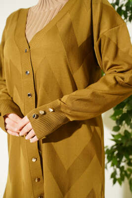 Zigzag Desenli Düğmeli Merserize Hırka Yağ Yeşili - Hırka