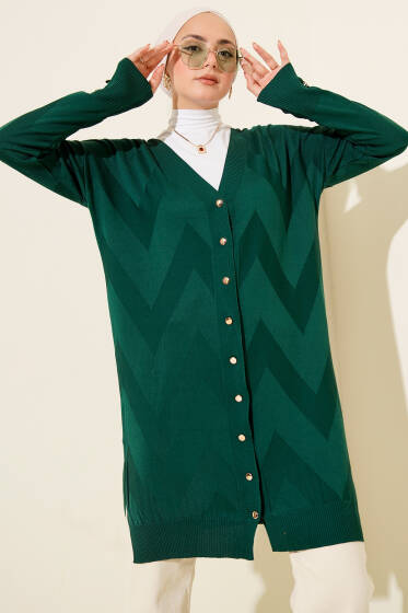 Zigzag Desenli Düğmeli Merserize Hırka Zümrüt - Hırka