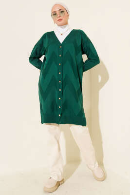 Zigzag Desenli Düğmeli Merserize Hırka Zümrüt - Yılın Fırsatı