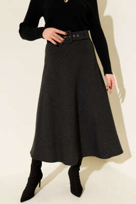 Zigzag Desenli Kemerli Kaşe Etek Antrasit - ESTELLE