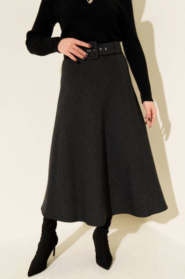 Zigzag Desenli Kemerli Kaşe Etek Antrasit - Etek