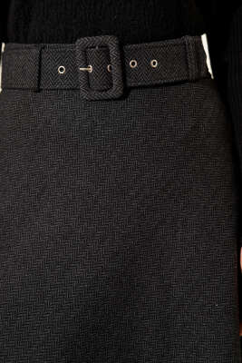 Zigzag Desenli Kemerli Kaşe Etek Antrasit - Etek