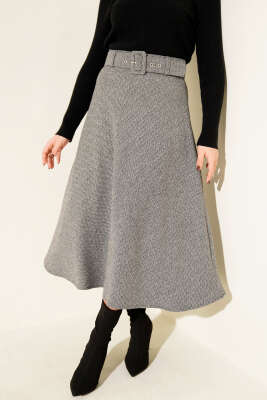 Zigzag Desenli Kemerli Kaşe Etek Gri - ESTELLE