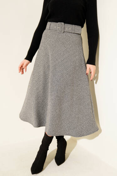 Zigzag Desenli Kemerli Kaşe Etek Gri - Etek