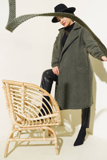 Zigzag Desenli Kuşaklı Trençkot Haki - Trençkot