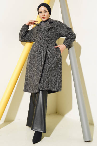 Zigzag Desenli Kuşaklı Trençkot Siyah Bej - Trençkot