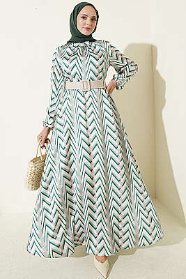 Zigzag Desenli Saten Elbise Yeşil 