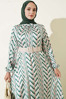 Zigzag Desenli Saten Elbise Yeşil - Fendel