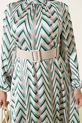 Zigzag Desenli Saten Elbise Yeşil - Fendel